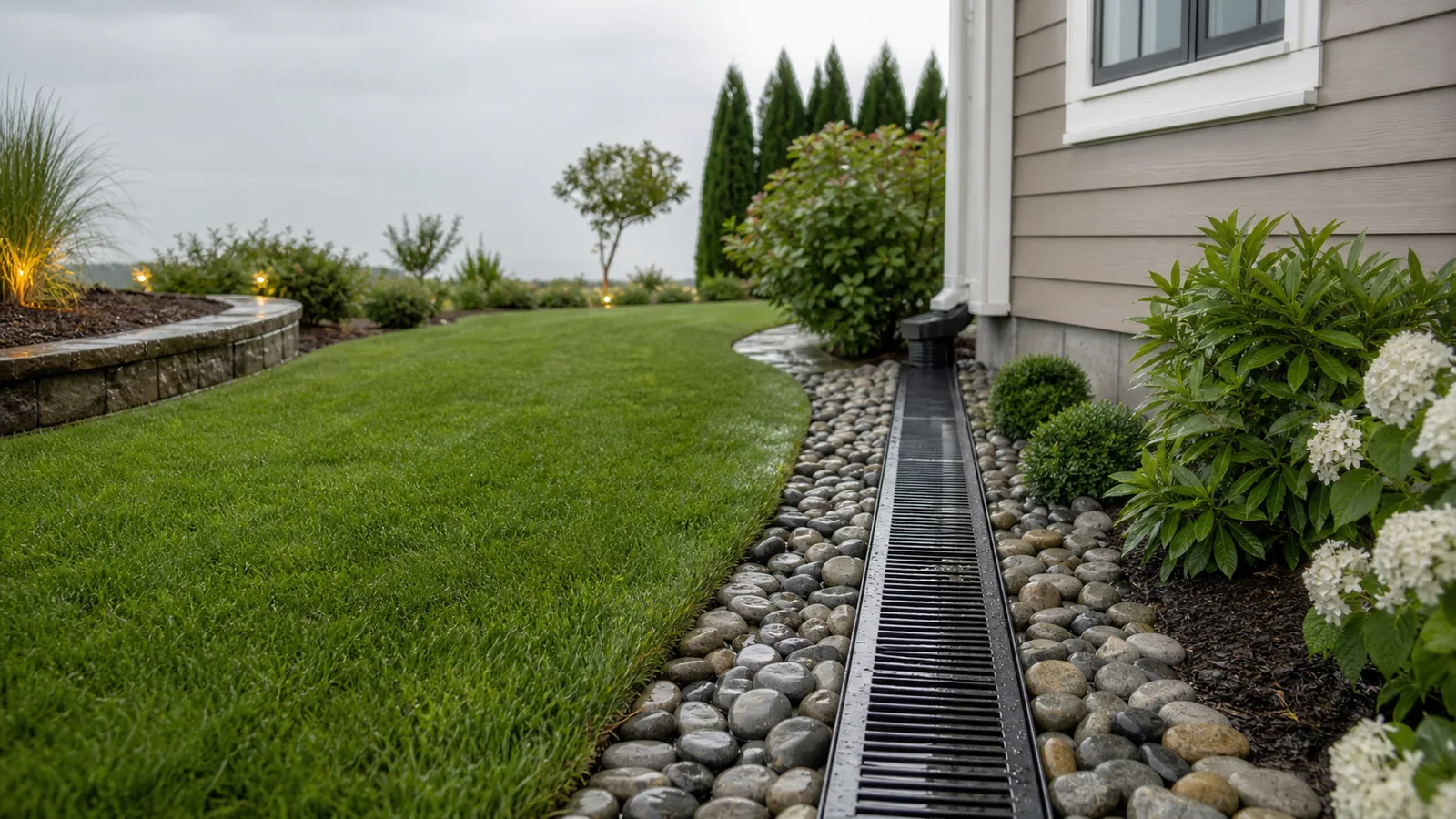 Illustrative drainage channel beside a landscaped home